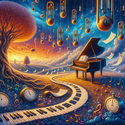 The primary subject of the image is a piano, which is situated in a field with a tree nearby. The setting appears to be a forest, and the visual style is a combination of digital art and illustration. The colors and mood of the image are vibrant and lively, with a focus on music and nature.